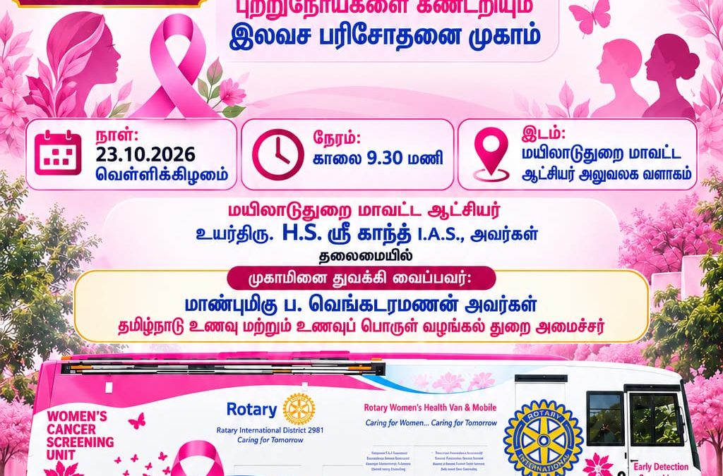 மயிலாடுதுறையில் அக்டோபர் 23-ல் பெண்களுக்கான இலவச புற்றுநோய் பரிசோதனை முகாம்! அமைச்சர், மாவட்ட ஆட்சியர் தொடங்கி வைக்கின்றனர்.