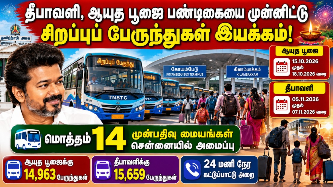 தீபாவளி, ஆயுத பூஜை பண்டிகைகளை முன்னிட்டு சென்னையில் சிறப்புப் பேருந்துகள் இயக்கம்!